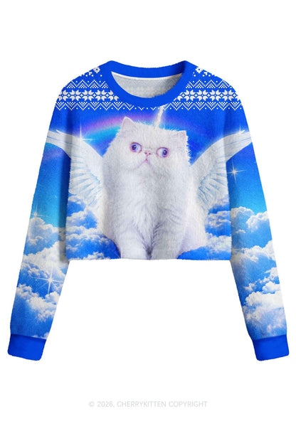 White Angel Unicorn Cat Y2K Crop Knit Sweatshirt Cherrykitten