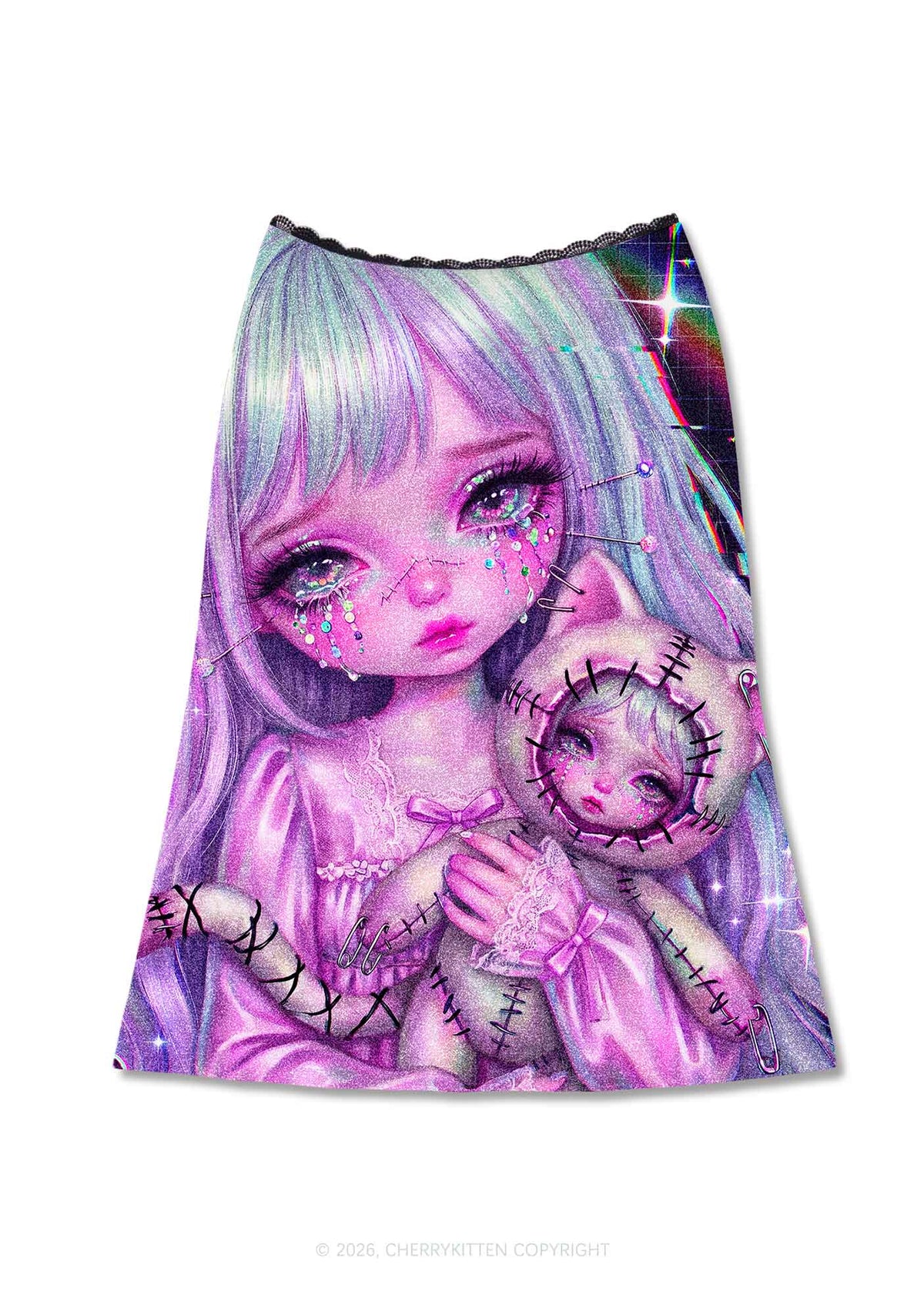 Stitched Doll Girl Y2K Print Midi Skirt Cherrykitten