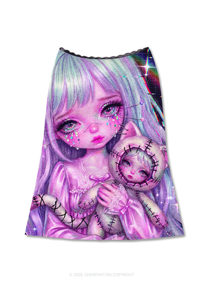 Stitched Doll Girl Y2K Print Midi Skirt Cherrykitten