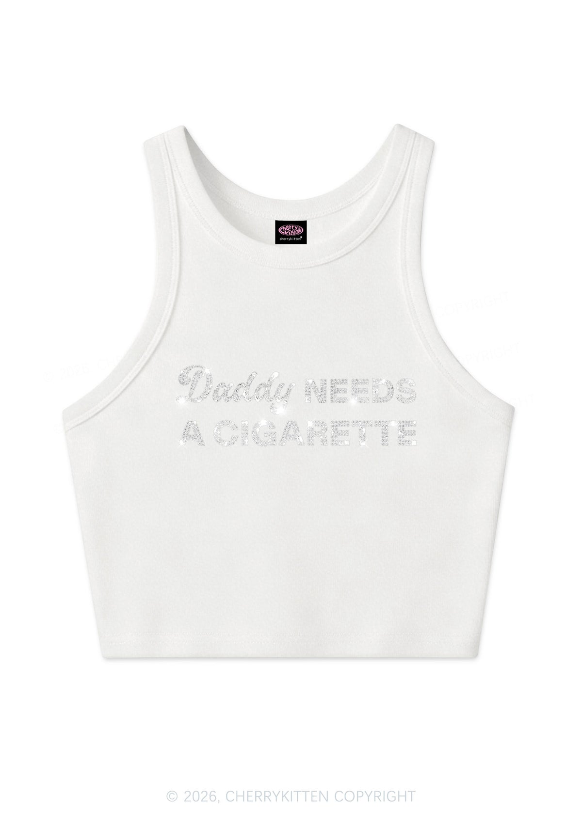 Rhinestone Daddy Needs A Cigarette Y2K Crop Tank Top Cherrykitten