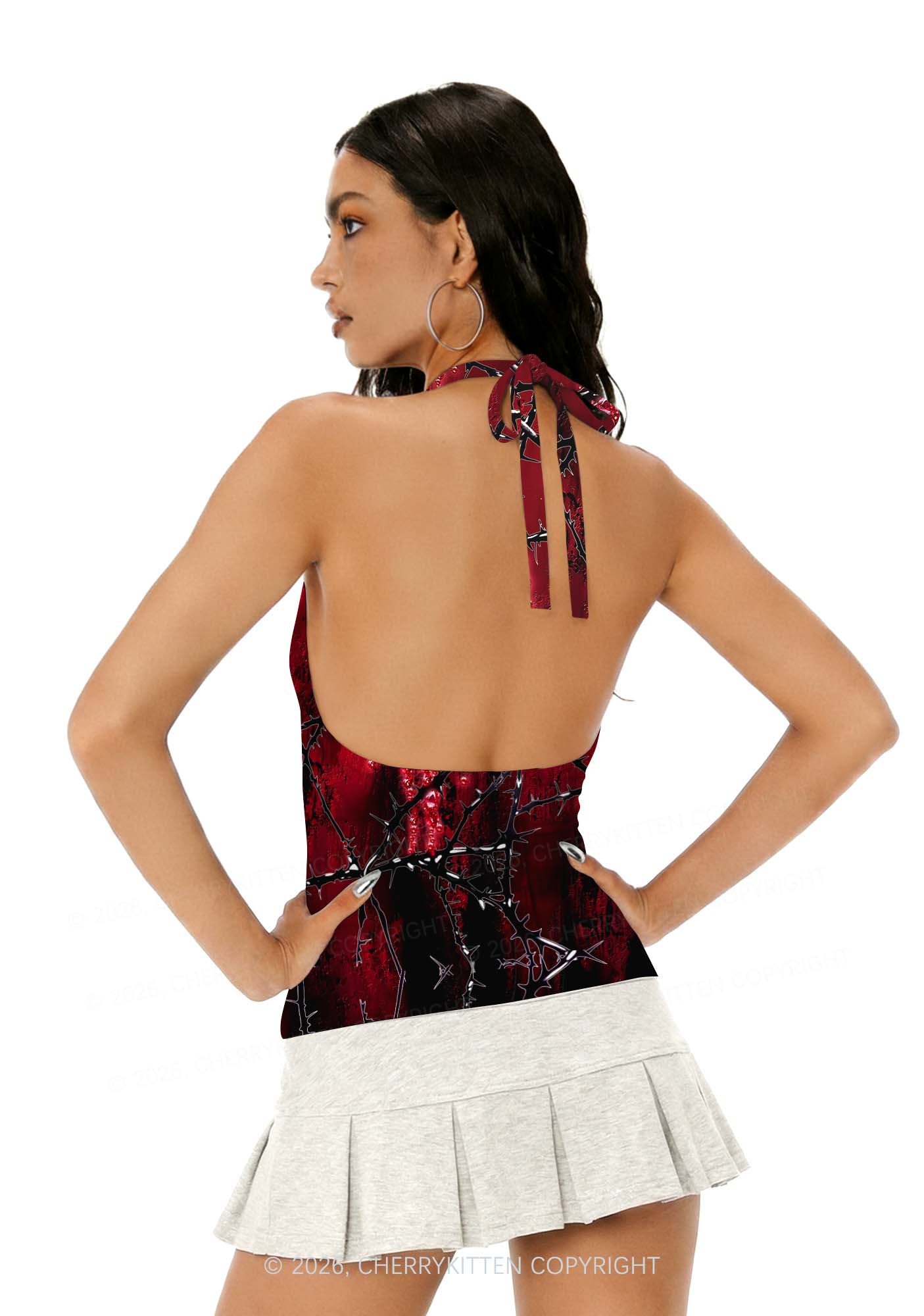 Thorned Ruby Y2K Print Halter Deep V Neck Cami Cherrykitten