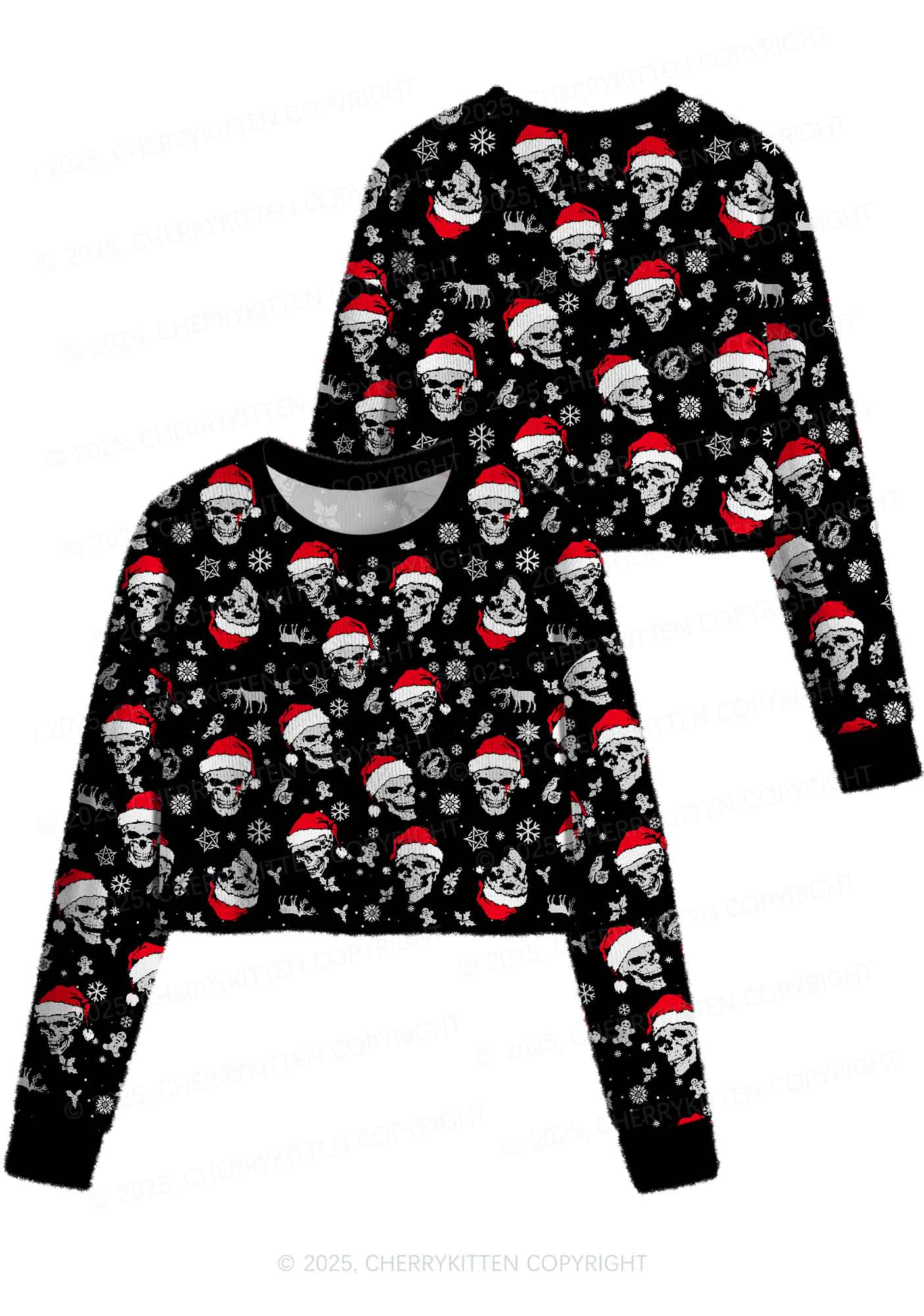 Skull Santa Y2K Christmas Crop Knit Sweatshirt Cherrykitten