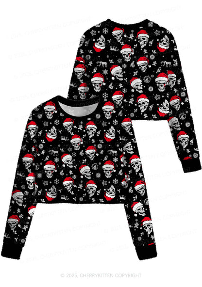 Skull Santa Y2K Christmas Crop Knit Sweatshirt Cherrykitten