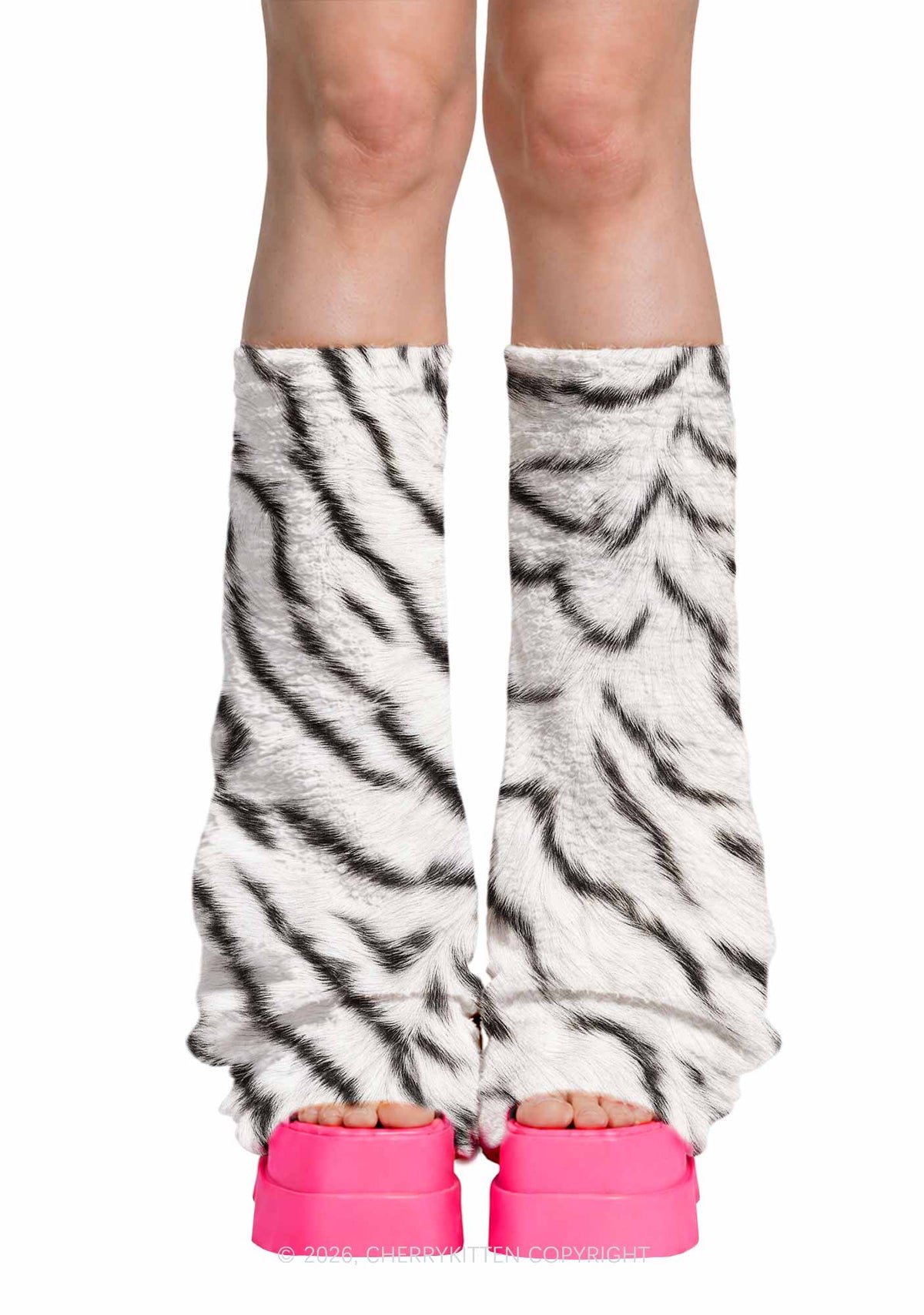 White Tiger Stripe Y2K Print Fuzzy Flared Leg Warmers Cherrykitten