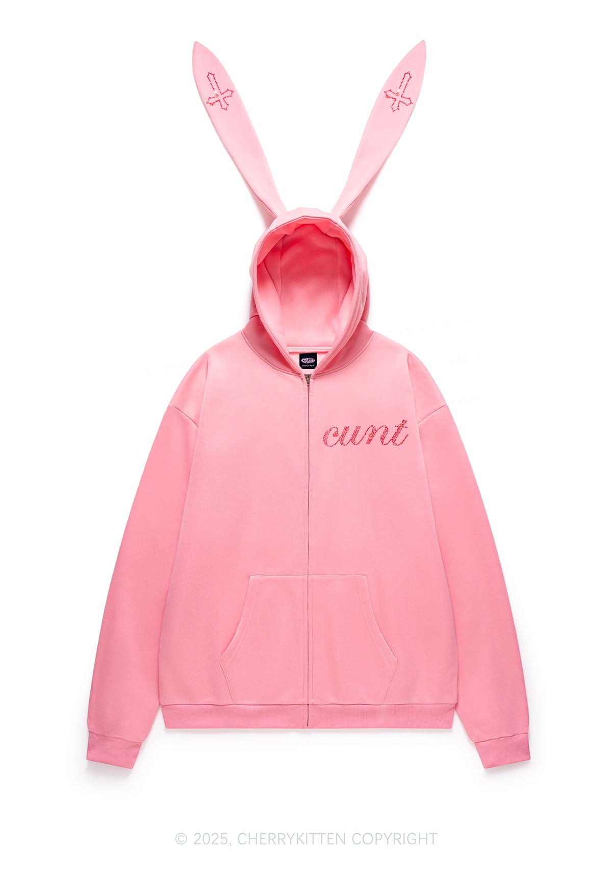 Rhinestone Cxxt Y2K Bunny Ear Zip Hoodie Cherrykitten