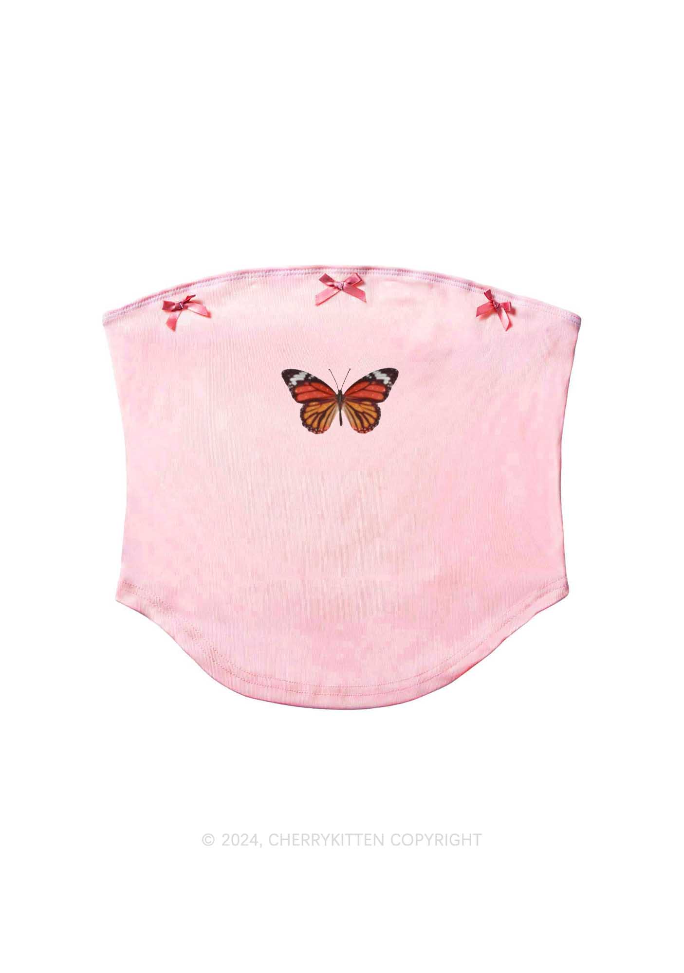 Vintage Butterfly Y2K Pink Bow Tie Tube Top Cherrykitten