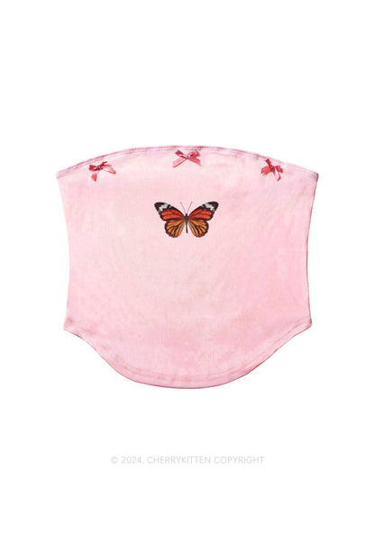 Vintage Butterfly Y2K Pink Bow Tie Tube Top Cherrykitten