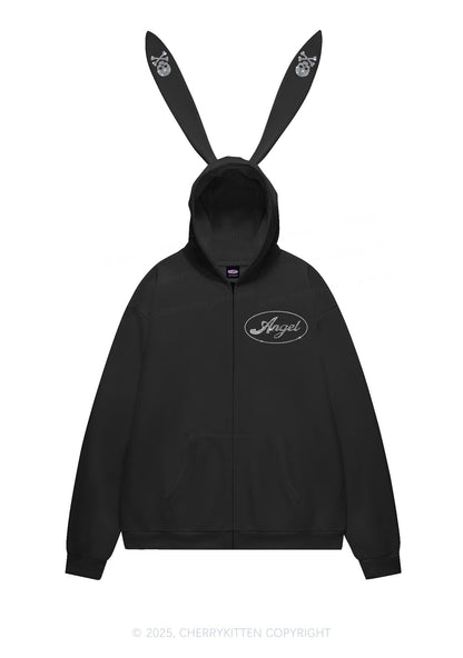 Rhinestone Angel Y2K Bunny Ear Zip Hoodie Cherrykitten