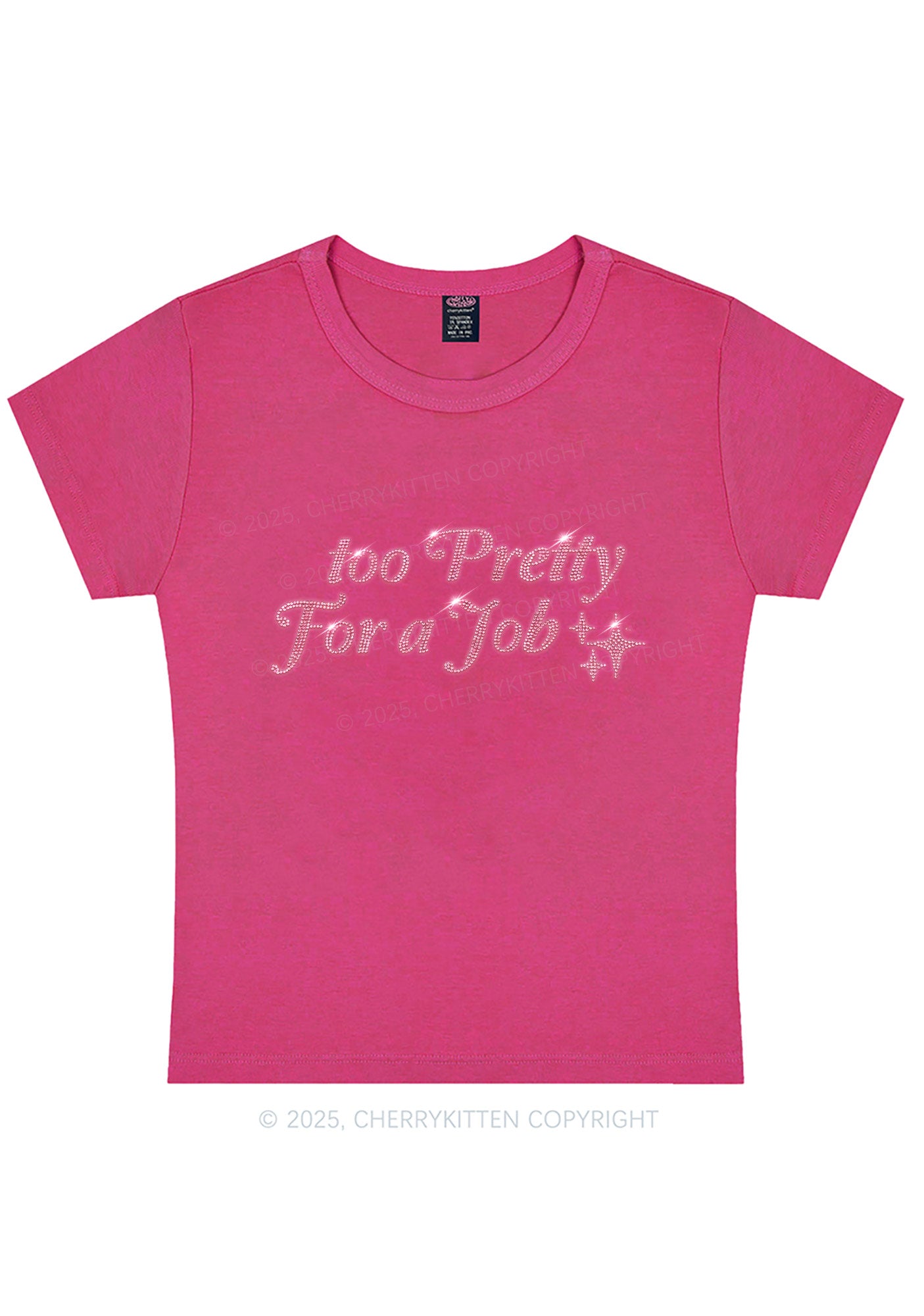 Rhinestone Too Pretty For Job Y2K Baby Tee Cherrykitten