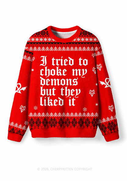 Halloween Choke Demons They Liked Y2K Christmas Knit Sweatshirt Cherrykitten