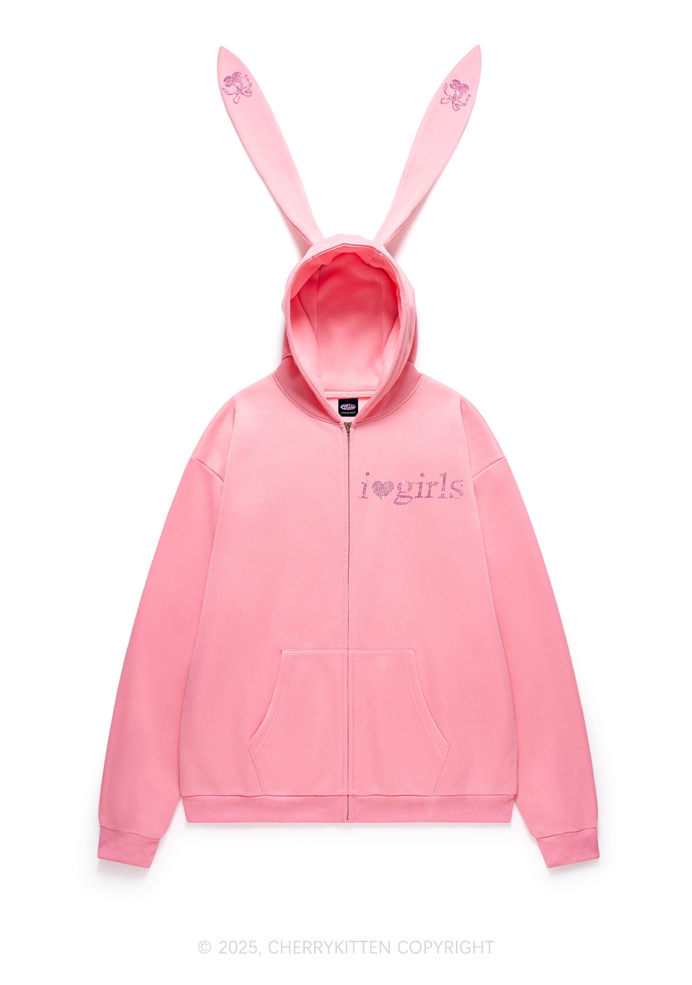 Rhinestone I Love Girls Y2K Bunny Ear Zip Hoodie Cherrykitten
