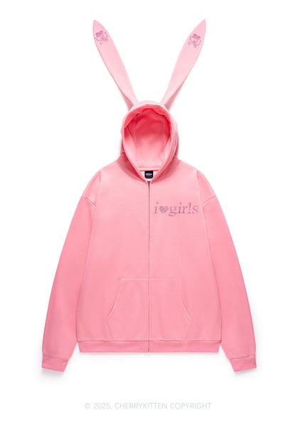 Rhinestone I Love Girls Y2K Bunny Ear Zip Hoodie Cherrykitten
