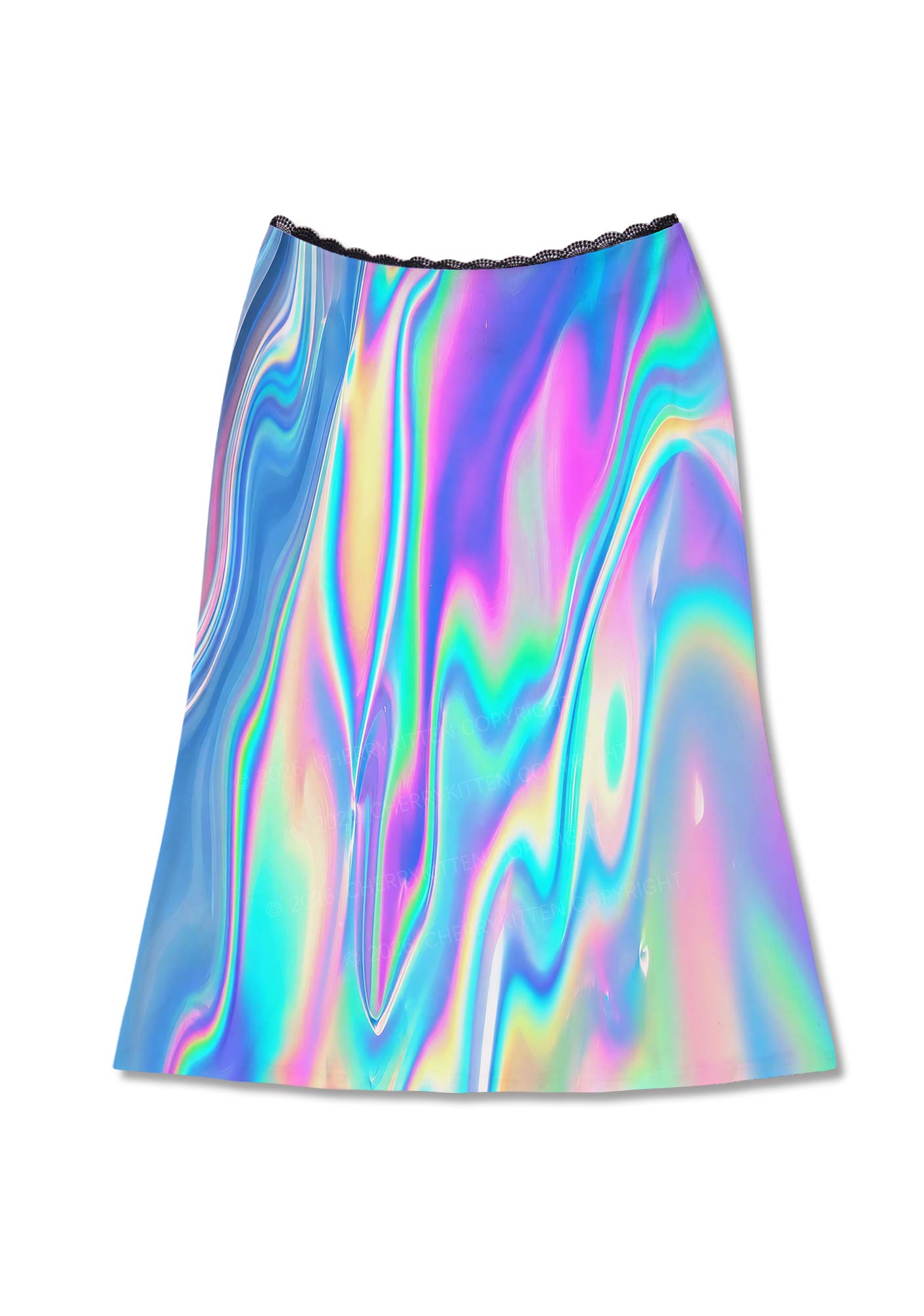Holographic Iridescent Swirl Y2K Print Midi Skirt Cherrykitten
