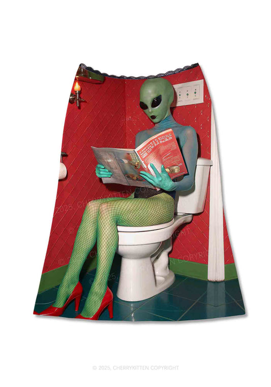 Halloween Alien On Toilet Y2K Print Midi Skirt Cherrykitten