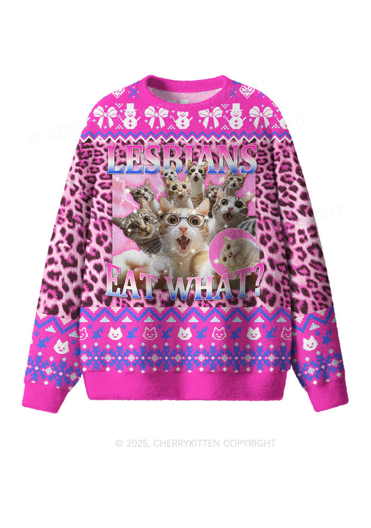 Lesbians Eat What Cat Pride Y2K Christmas Knit Sweatshirt Cherrykitten