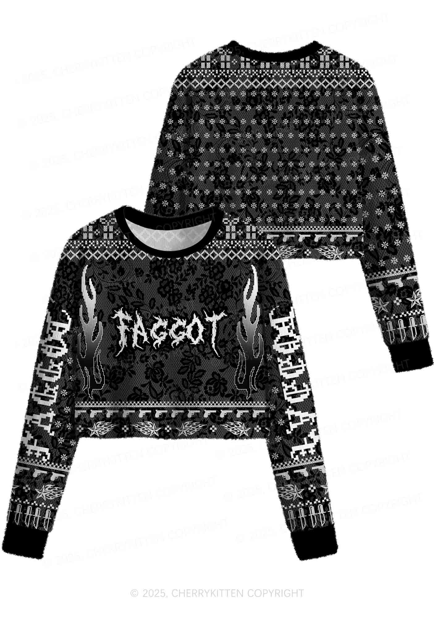 Punk Faggot Pride Y2K Christmas Crop Knit Sweatshirt Cherrykitten