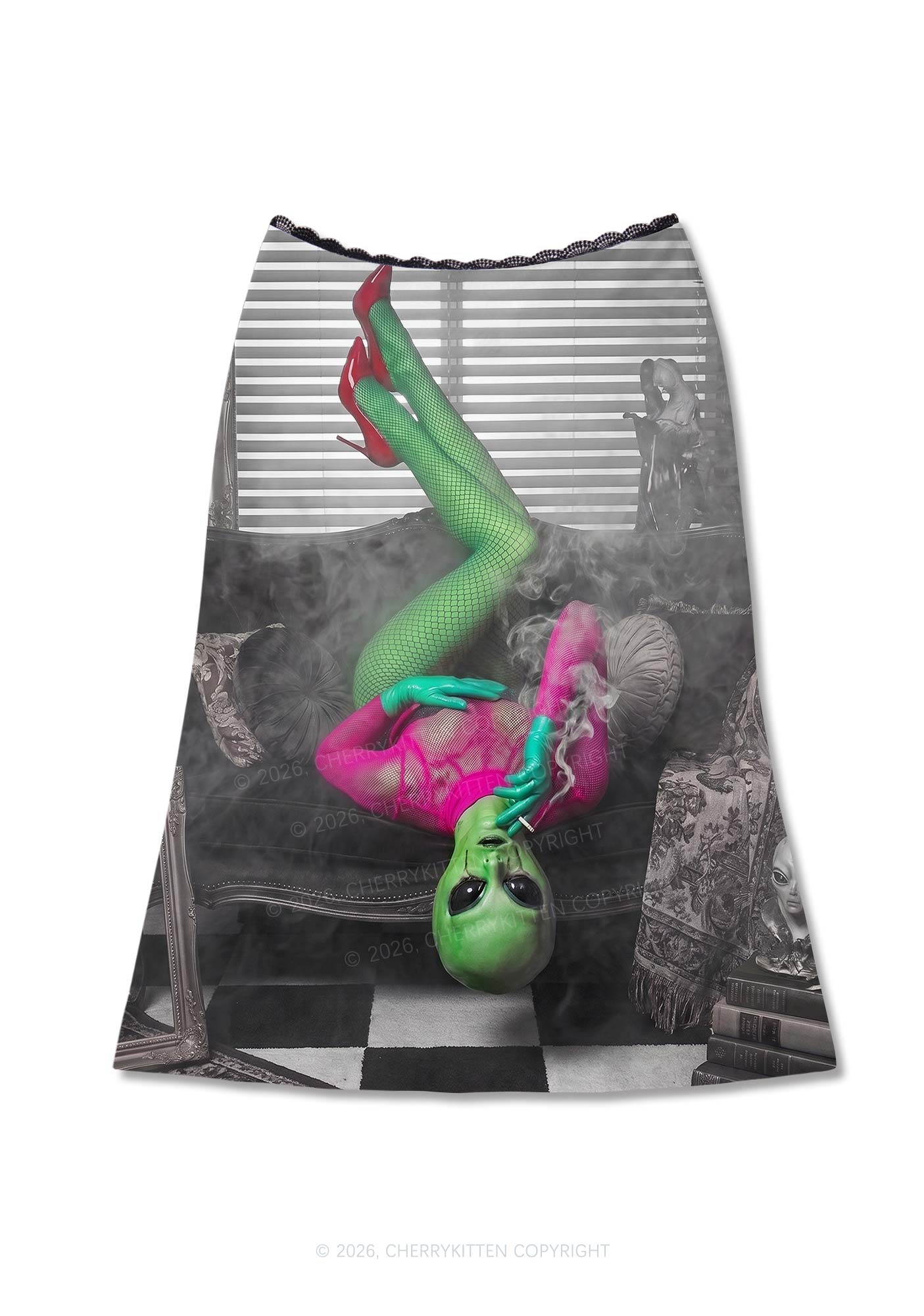 Smoking Alien Y2K Print Midi Skirt Cherrykitten