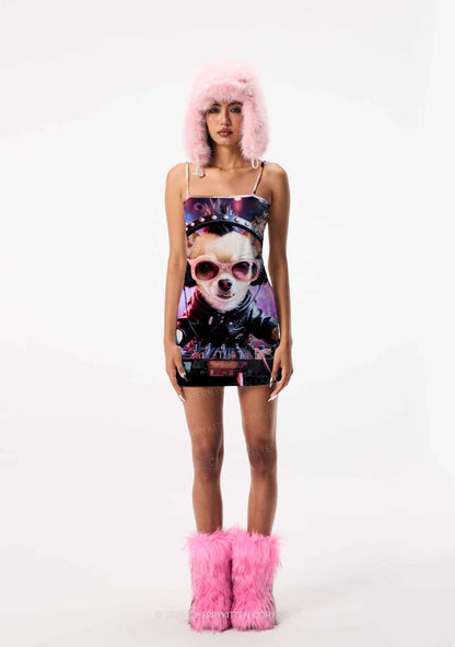 Punk DJ Chihuahua Y2K Print Slip Dress Cherrykitten