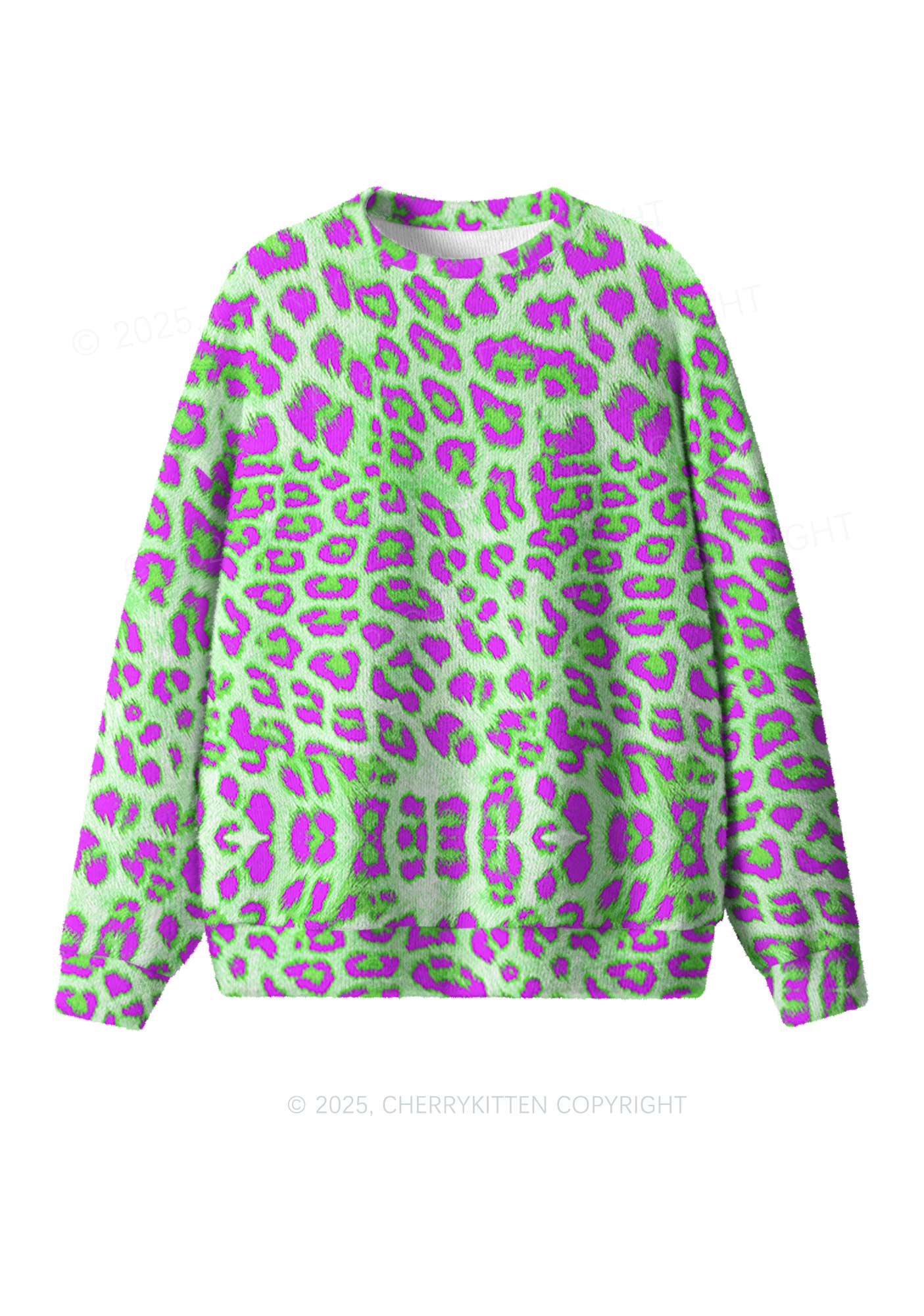 Green Leopard Y2K Christmas Knit Sweatshirt Cherrykitten