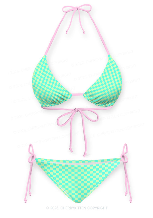 Mint Green Checkered Y2K Print Bikini Set Cherrykitten