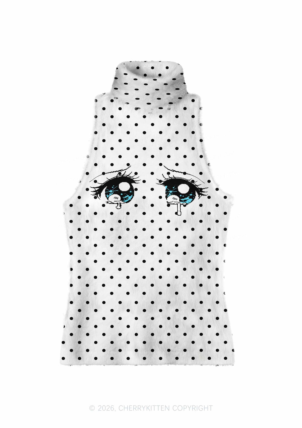 Crying Eyes Black Dots On White Y2K Knit Turtleneck Tank Top Cherrykitten