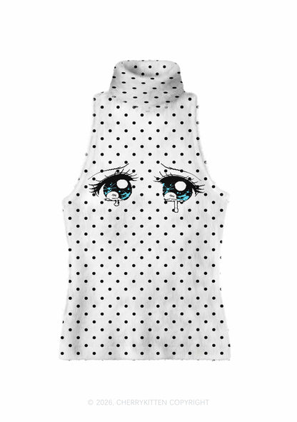 Crying Eyes Black Dots On White Y2K Knit Turtleneck Tank Top Cherrykitten