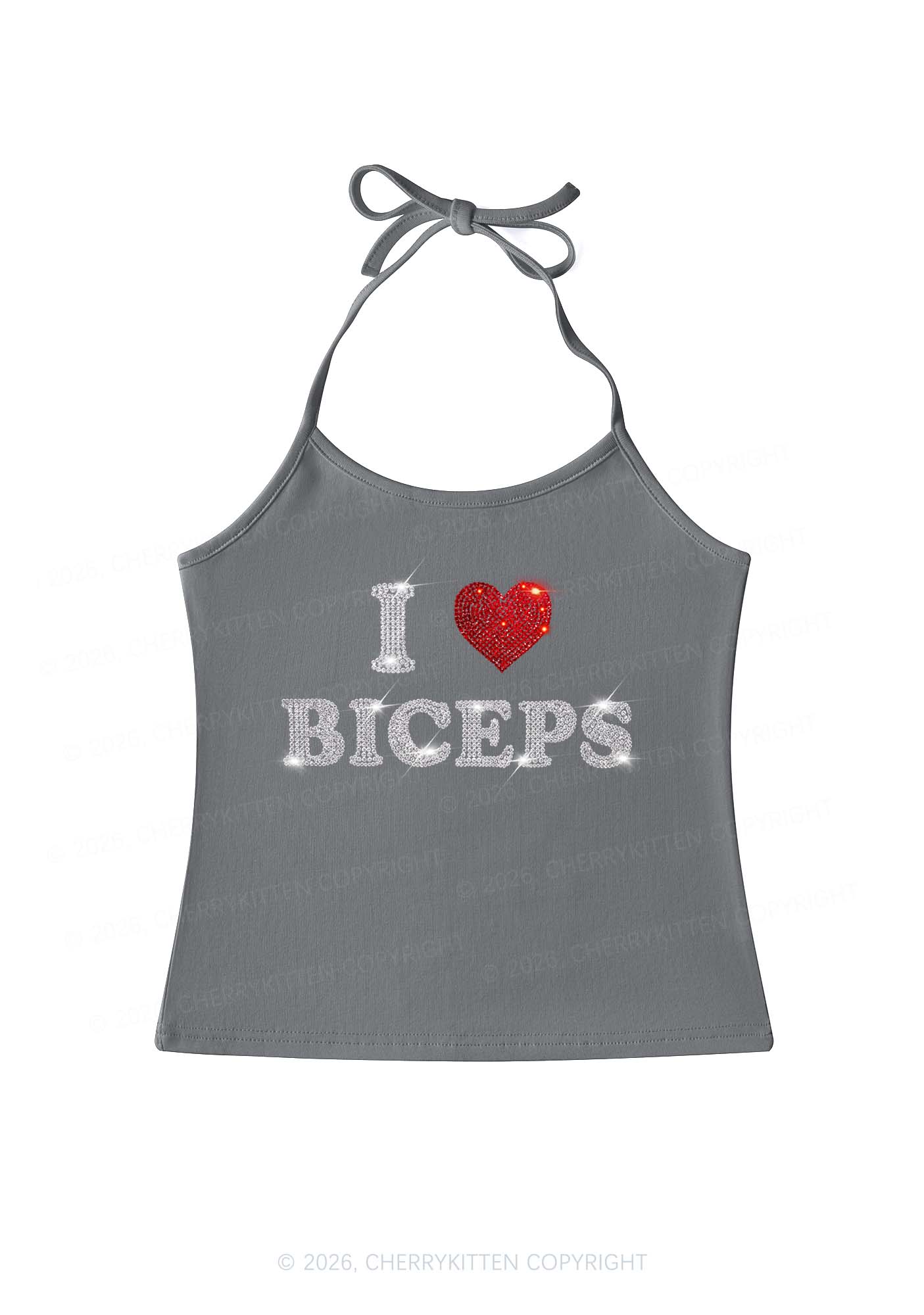 Rhinestone I Love Biceps Y2K Halter Neck Cami Cherrykitten