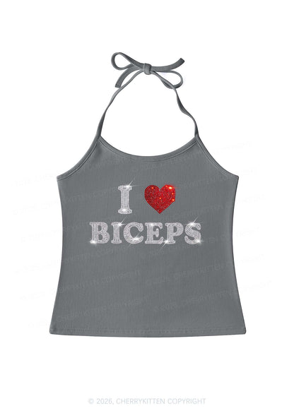 Rhinestone I Love Biceps Y2K Halter Neck Cami Cherrykitten