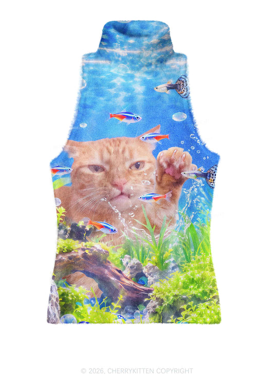 Cat Inside Aquarium Y2K Knit Turtleneck Tank Top Cherrykitten