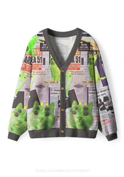 Grey Alien Kitten Y2K Christmas Cardigan Knit Sweatshirt Cherrykitten