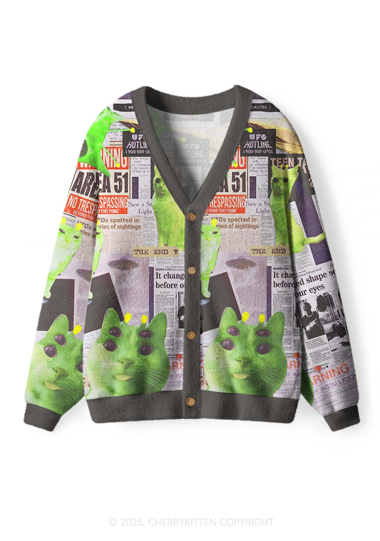 Green Alien Kitten Y2K Christmas Cardigan Knit Sweatshirt Cherrykitten