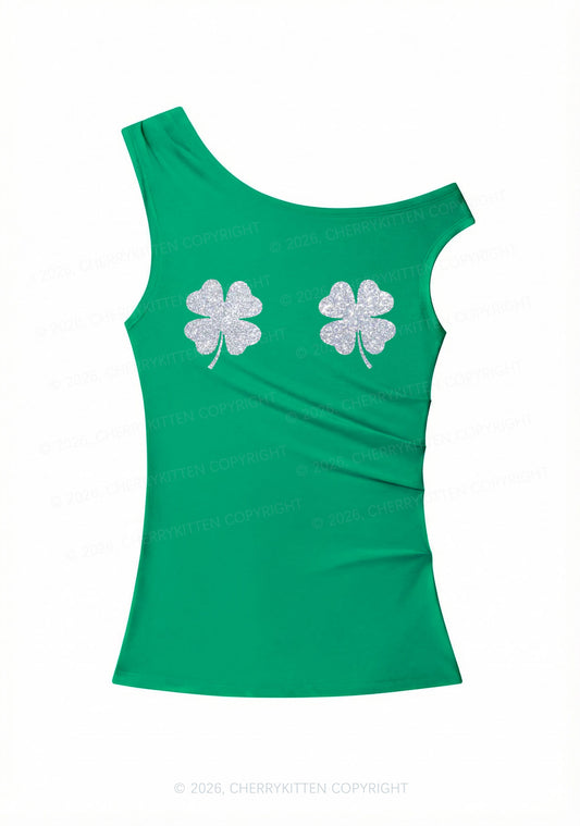 Glitter Four Leaf Clover St Patricks Y2K Off Shoulder Tank Top Cherrykitten