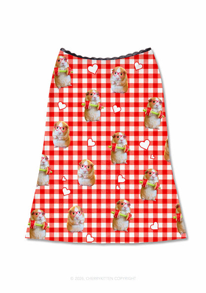 Gym Guinea Pig Red Plaid Y2K Print Midi Skirt Cherrykitten