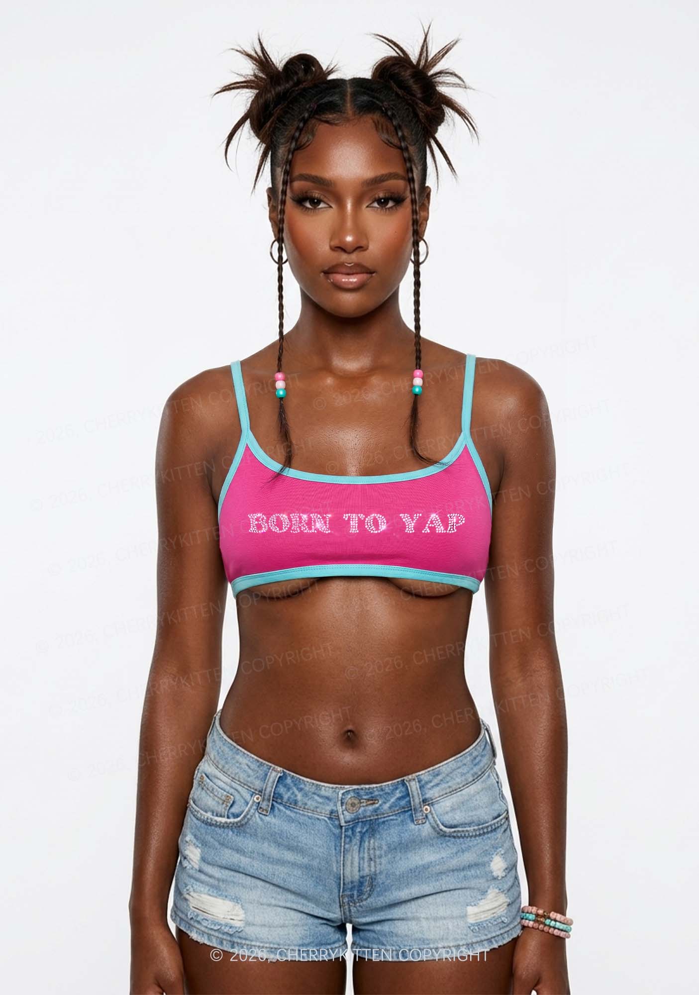 Rhinestone Born To Yap Y2K Super Crop Cami Cherrykitten