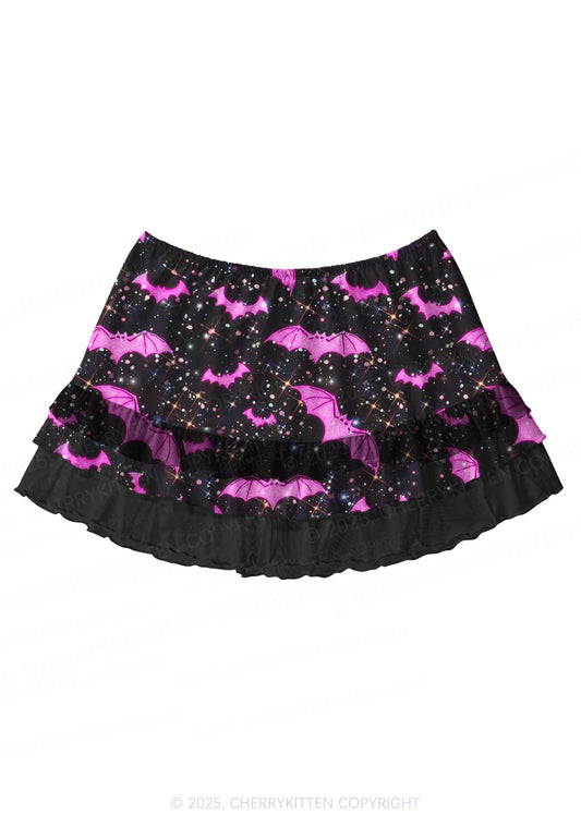 Sparkle Pink Bat Y2K Print Mini Layered Skirt Cherrykitten