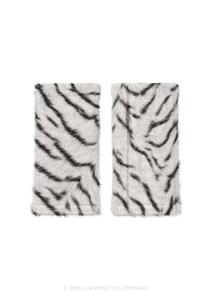 White Tiger Stripe Y2K Print Fuzzy Arm Warmers Cherrykitten