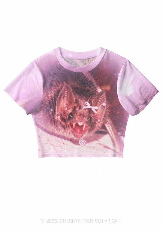 Halloween Pink Bow Bat Y2K Mesh Crop Top Cherrykitten
