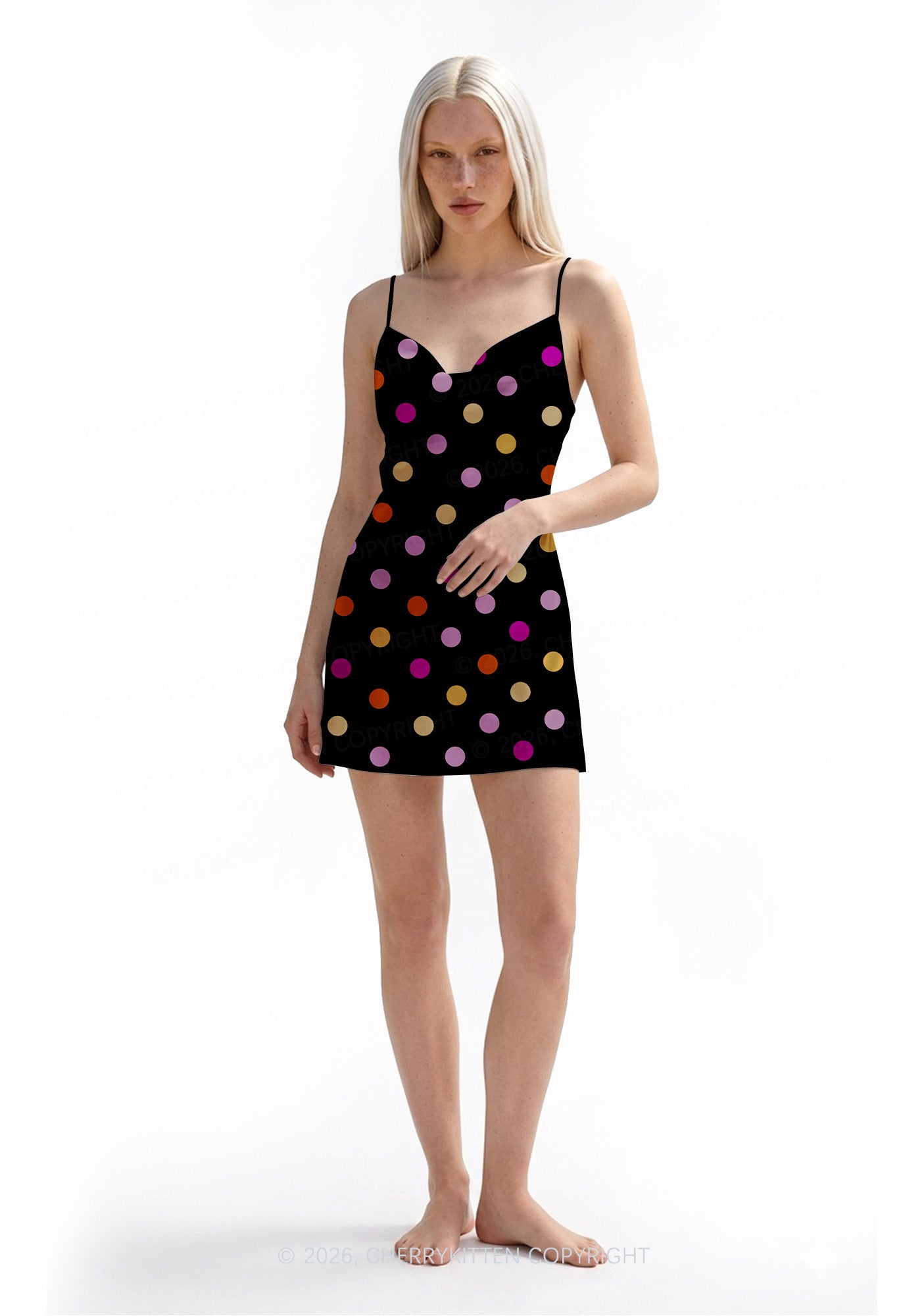 Lesbian Dots Pride Y2K Print Satin Cowl Neck Slip Dress Cherrykitten