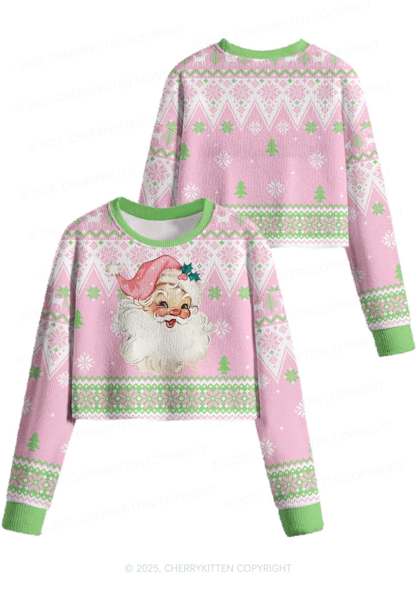Pink Santa Y2K Christmas Crop Knit Sweatshirt Cherrykitten