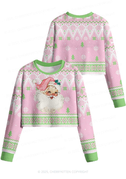 Pink Santa Y2K Christmas Crop Knit Sweatshirt Cherrykitten