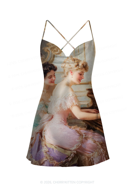 Elegant Piano Room Pride Y2K Print Satin Cowl Neck Slip Dress Cherrykitten