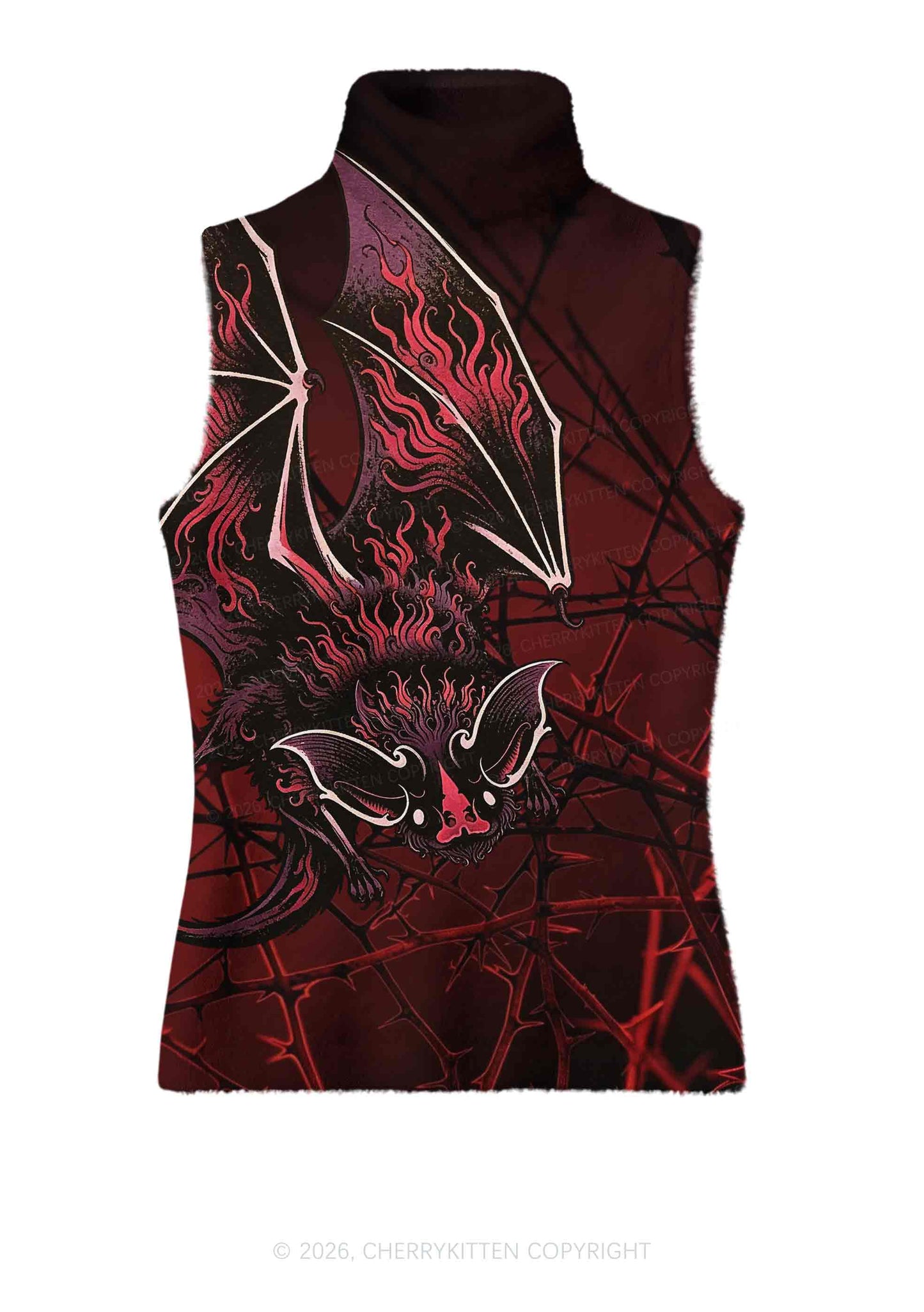 Halloween Flaming Bat Thorn Web Y2K Knit Turtleneck Tank Top Cherrykitten