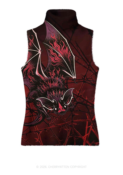 Halloween Flaming Bat Thorn Web Y2K Knit Turtleneck Tank Top Cherrykitten
