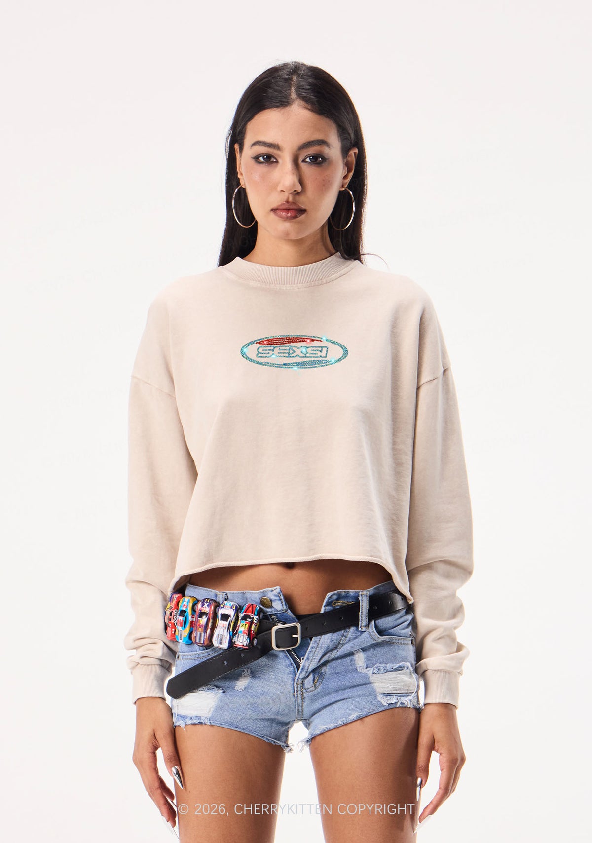 Rhinestone Sexsi Slogan Y2K Crop Washed Sweatshirts Cherrykitten