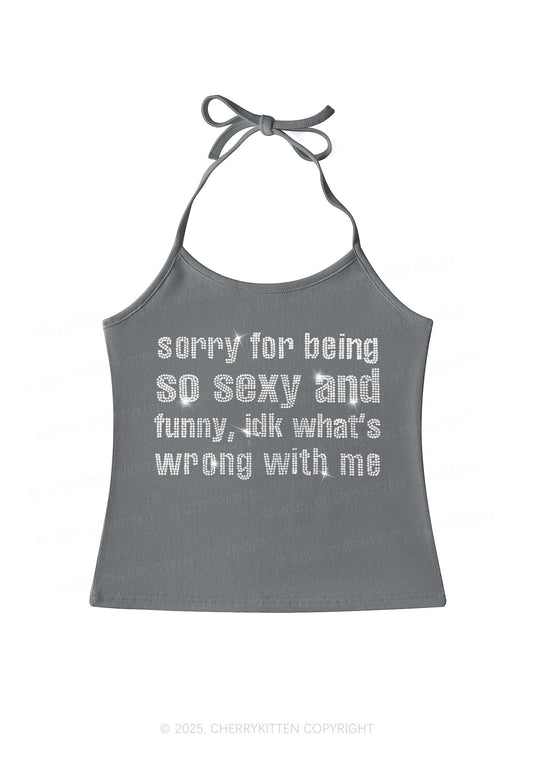 Rhinestone Sorry For Being So Funny Y2K Halter Neck Cami Cherrykitten