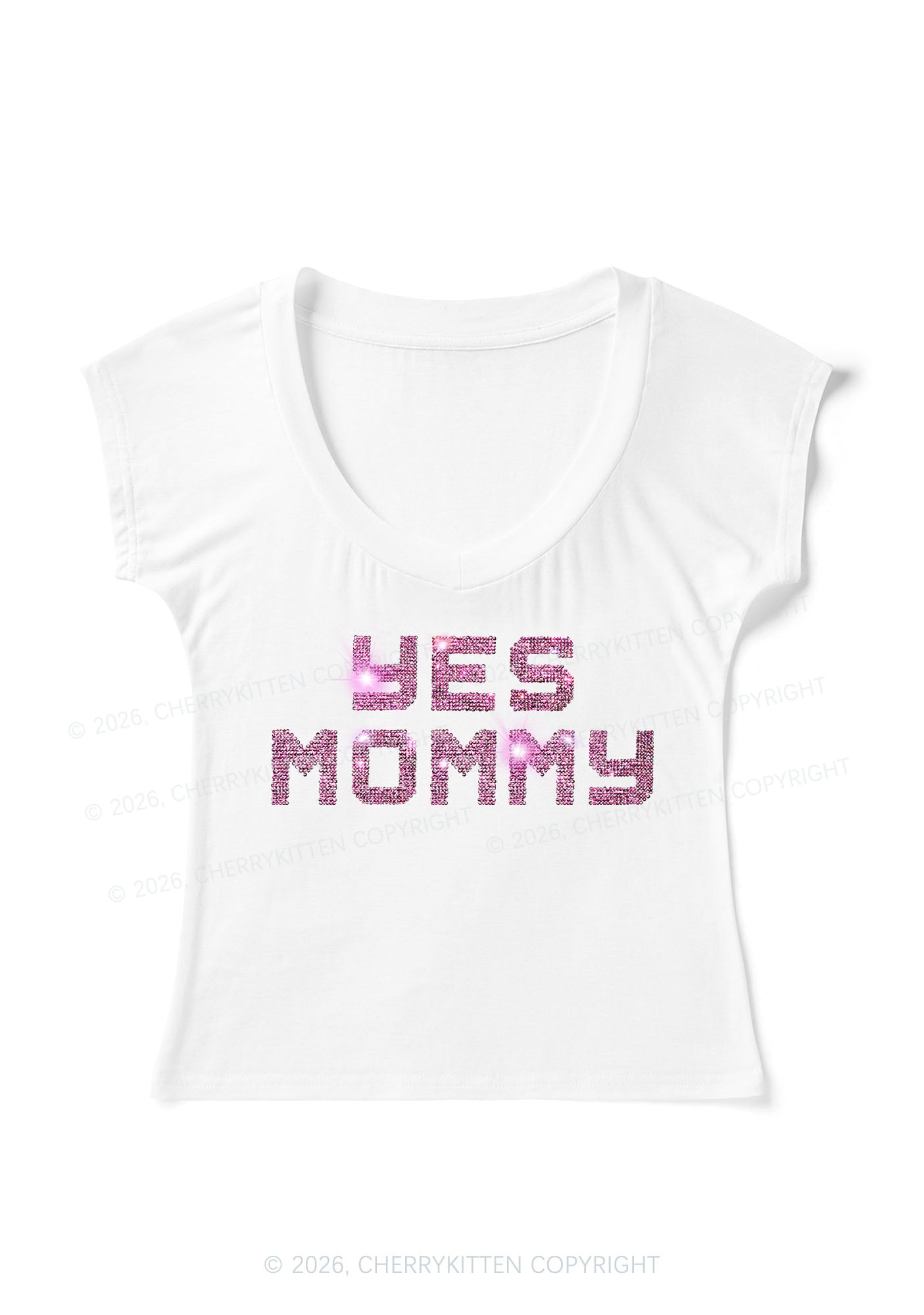 Rhinestone Yes Mommy Y2K V Neck T Shirts Cherrykitten