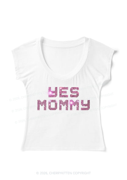Rhinestone Yes Mommy Y2K V Neck T Shirts Cherrykitten
