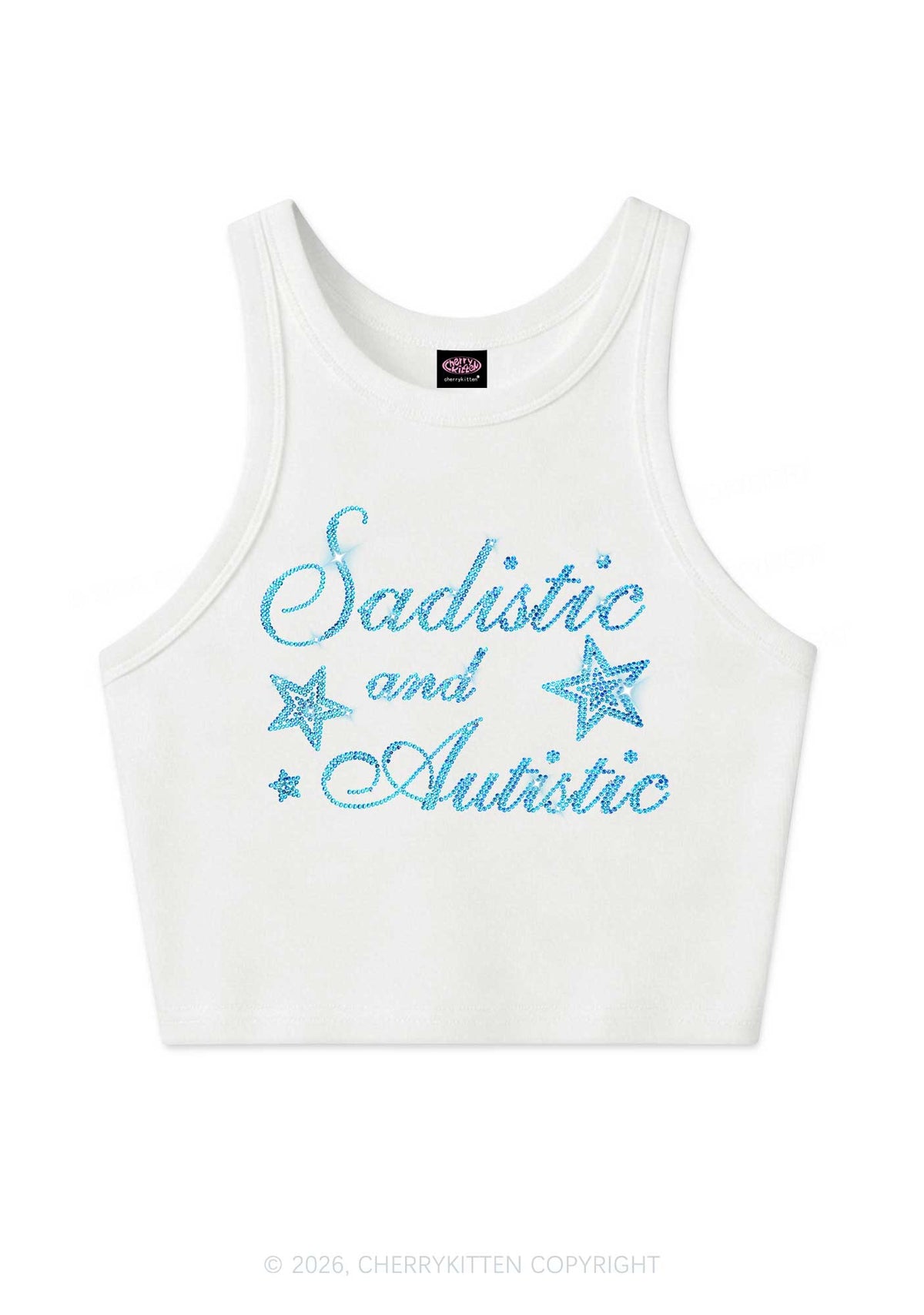Rhinestone Sadistic And Autistic Y2K Crop Tank Top Cherrykitten