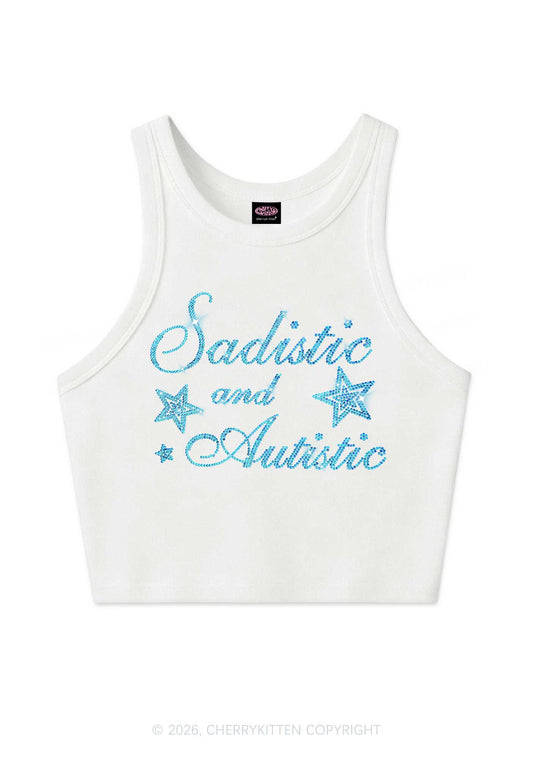 Rhinestone Sadistic And Autistic Y2K Crop Tank Top Cherrykitten