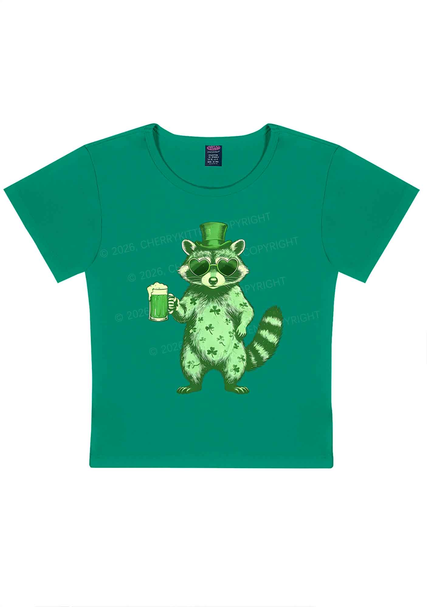 Green Feral Raccoon St Patricks Y2K Baby Tee Cherrykitten
